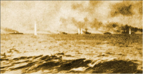 Photograph of the Battle of Jutland viewed from a British warship.