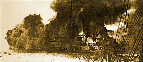The German ship SMS Seydlitz heavily damaged, flooded and on fire following the Battle of Jutland.